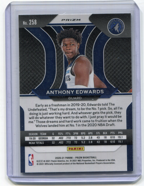 2020-21 Panini Anthony Edwards Minnesota Timberwolves  "Green Prizm Basketball Parallel" Rookie Card