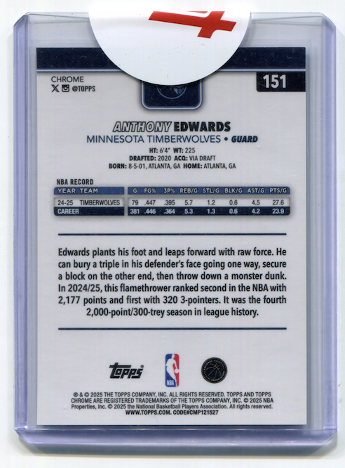 2025-26 NBA Topps Chrome Anthony Edwards Blue X-Fractor #151 - Sealed
