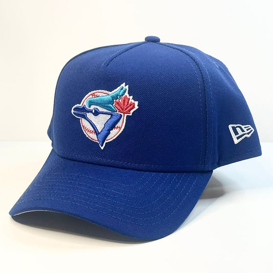 Blue baseball cap with a logo on a white background